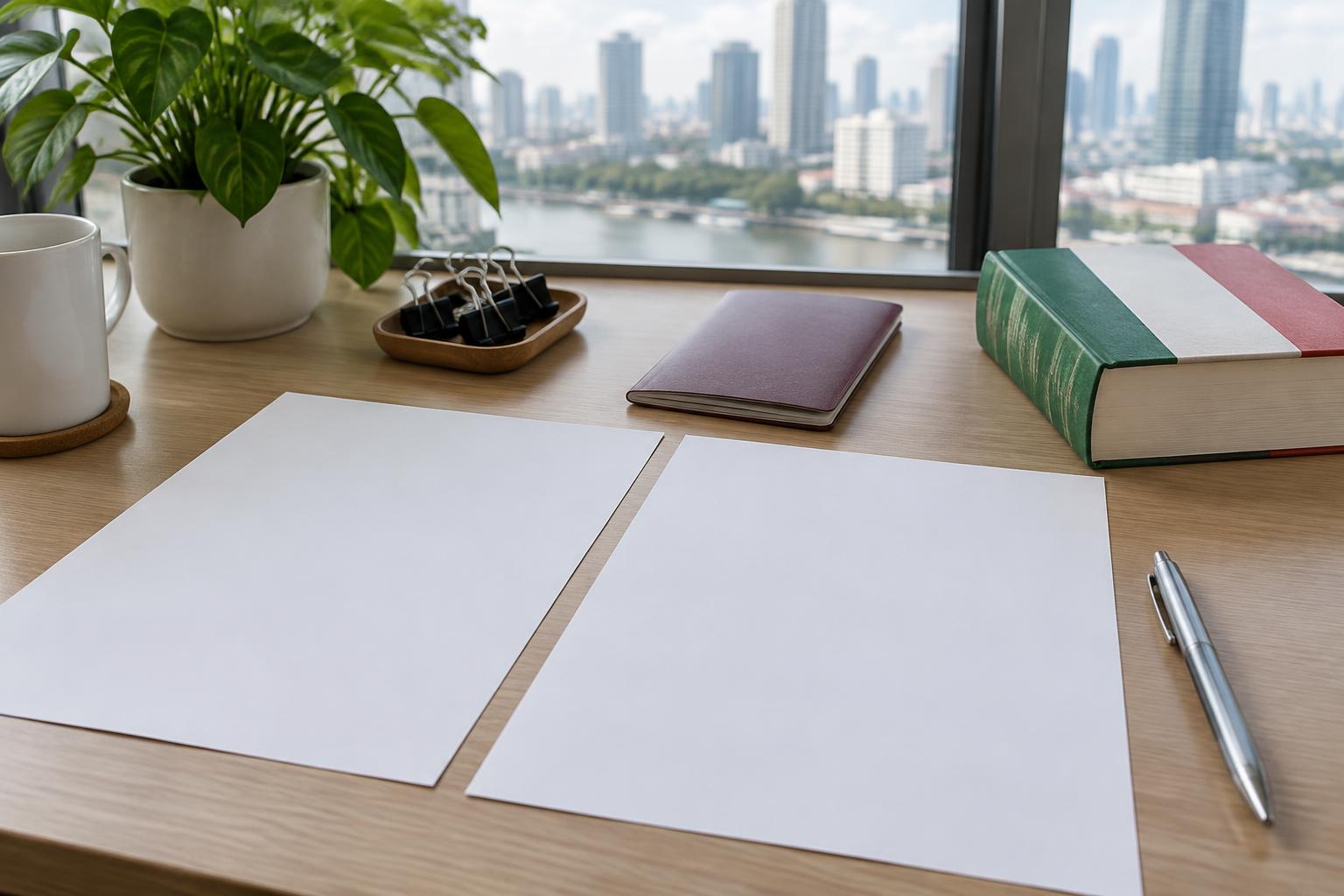 白紙の書類と無印の冊子を並べた翻訳準備のイメージ。実際の認証書類ではありません
